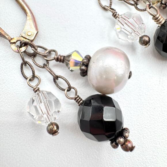 925 Sterling Silver Pearl Crystal Glass Earrings Beaded Cha Cha Holiday Patina - Picture 6 of 12